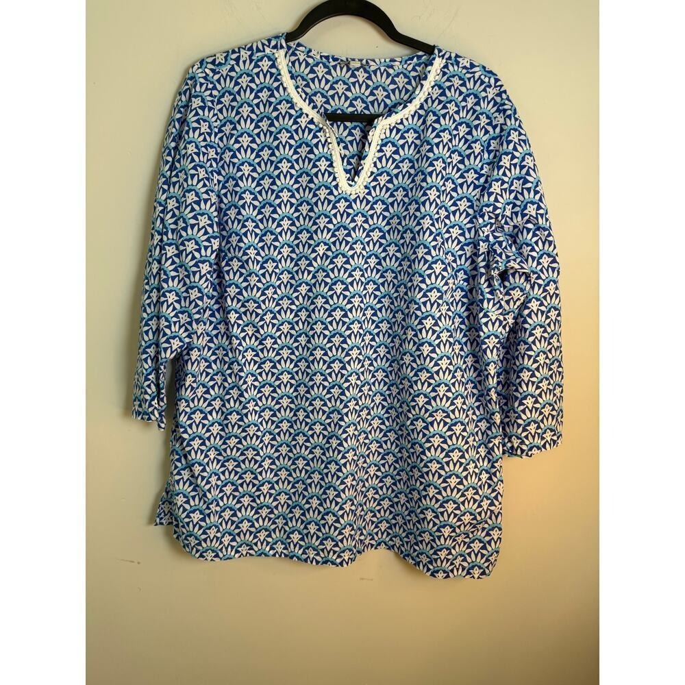 Talbots Tunic Top Blue White Medallion Lace Trim Cotton Women Size L